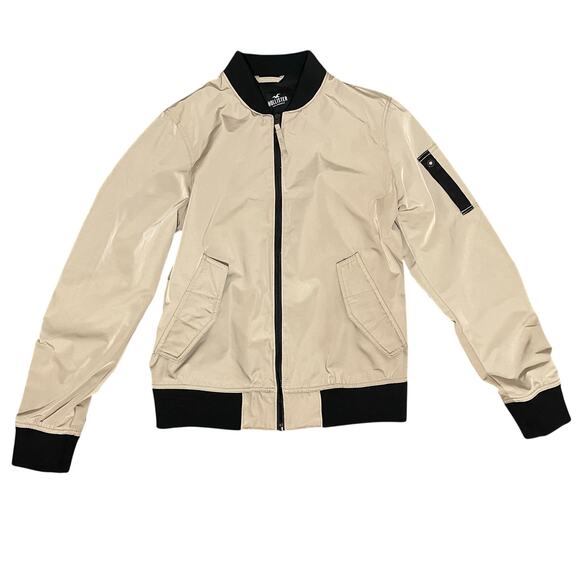 Hollister Classic Bomber Jacket Water Resistant Tan Black Zip Front Men’s sz M - Picture 3 of 16